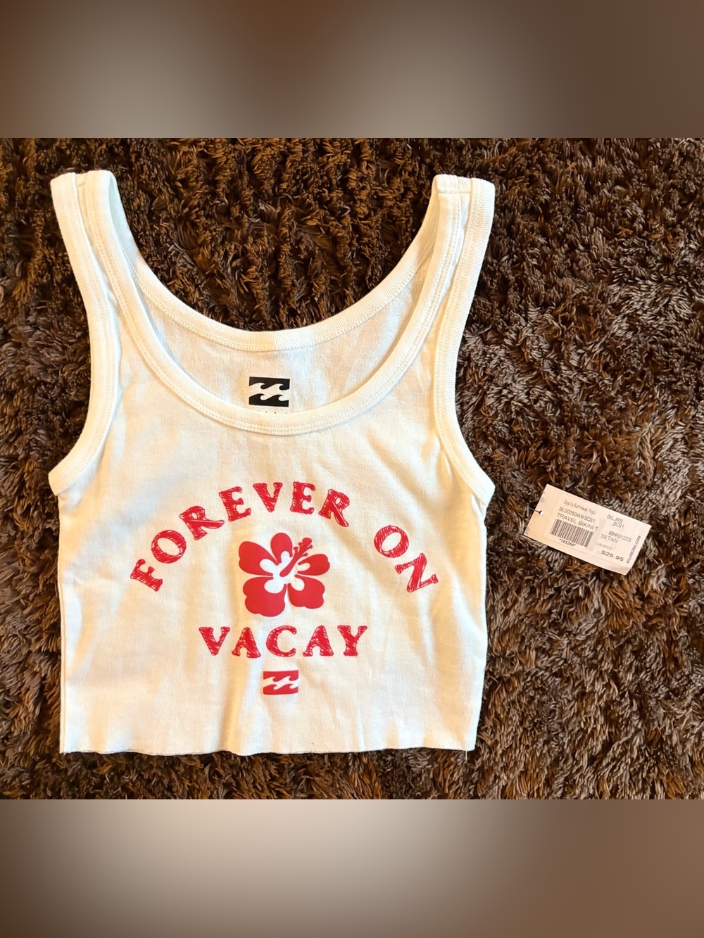 Billabong White Crop Tank with Red Hibiscus 'Forever On Vacay' Graphic